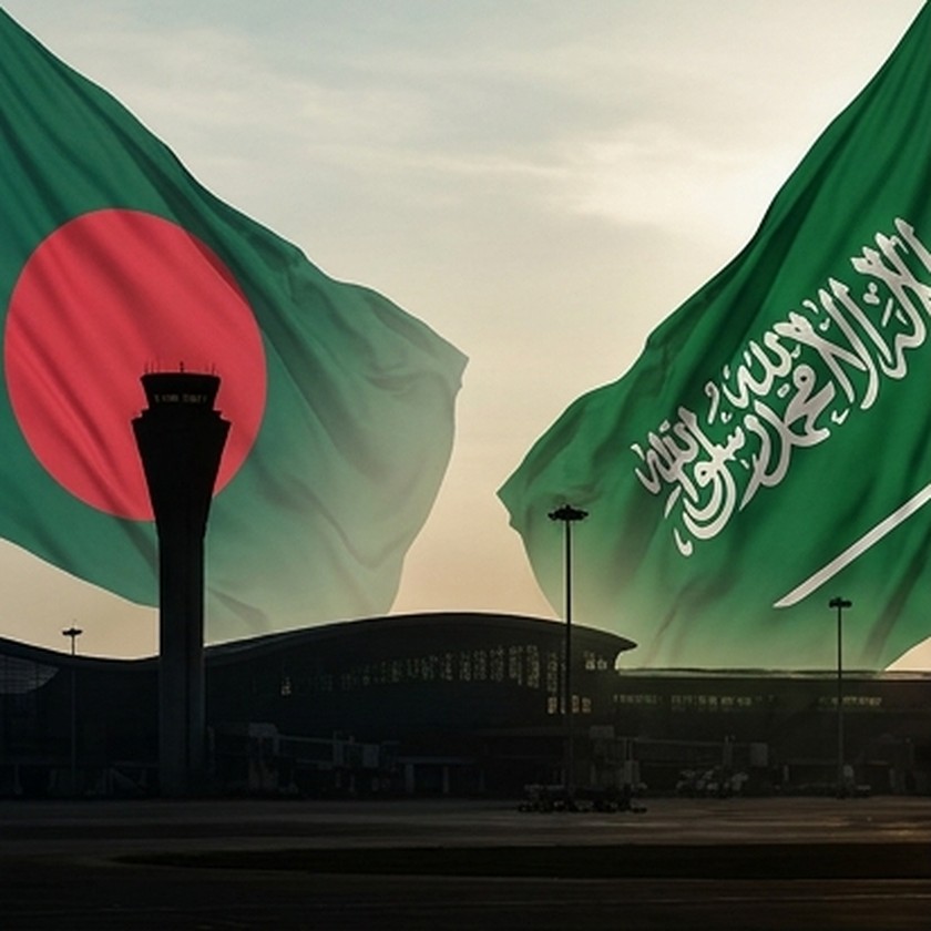 Conceptual collage of Bangladesh and Saudi flags near an airport