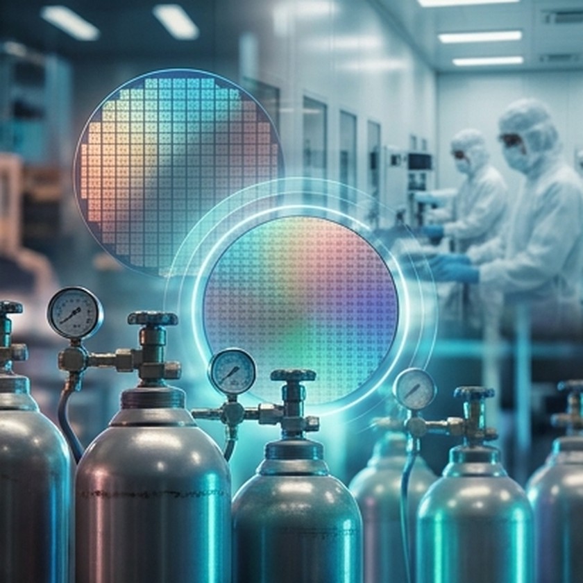 Conceptual collage of helium cylinders and semiconductor wafers