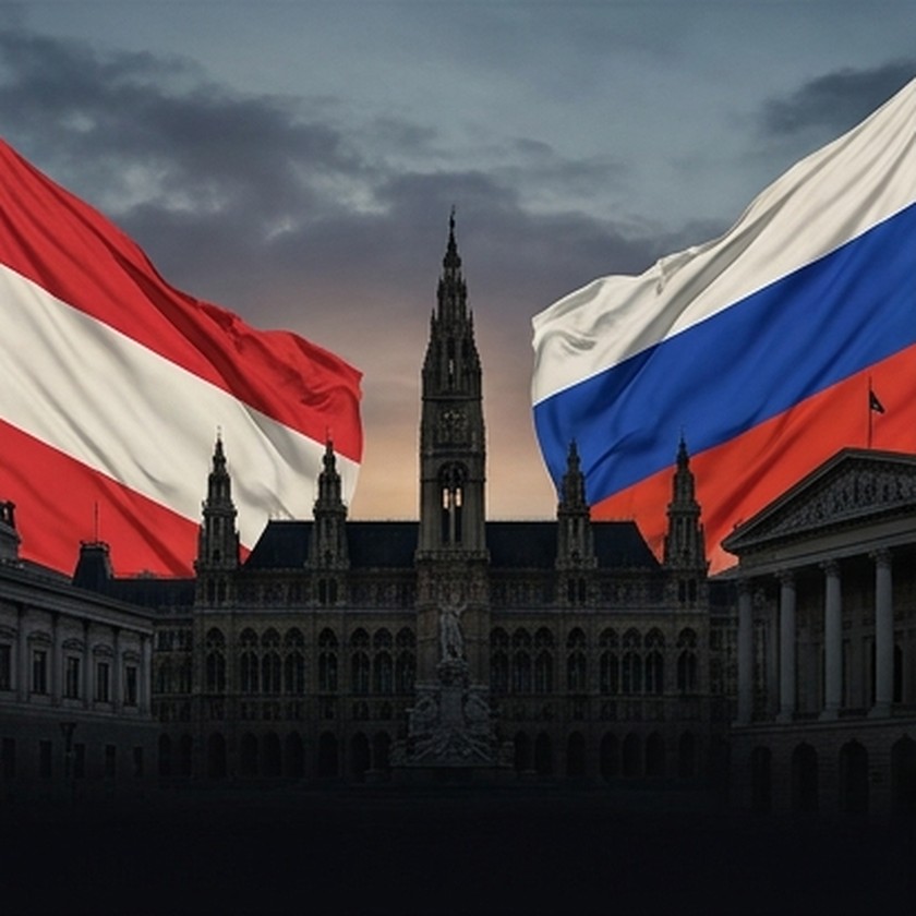Conceptual collage of Austrian and Russian flags in Vienna